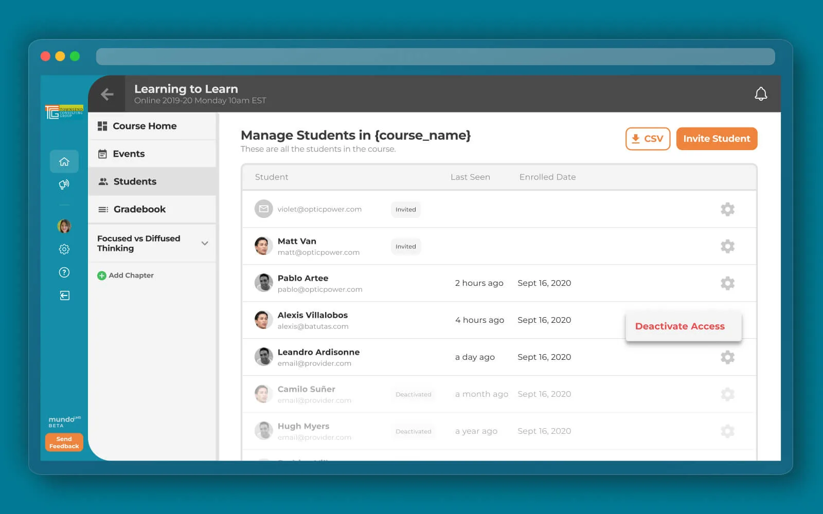 mundoLMS: course student management screen